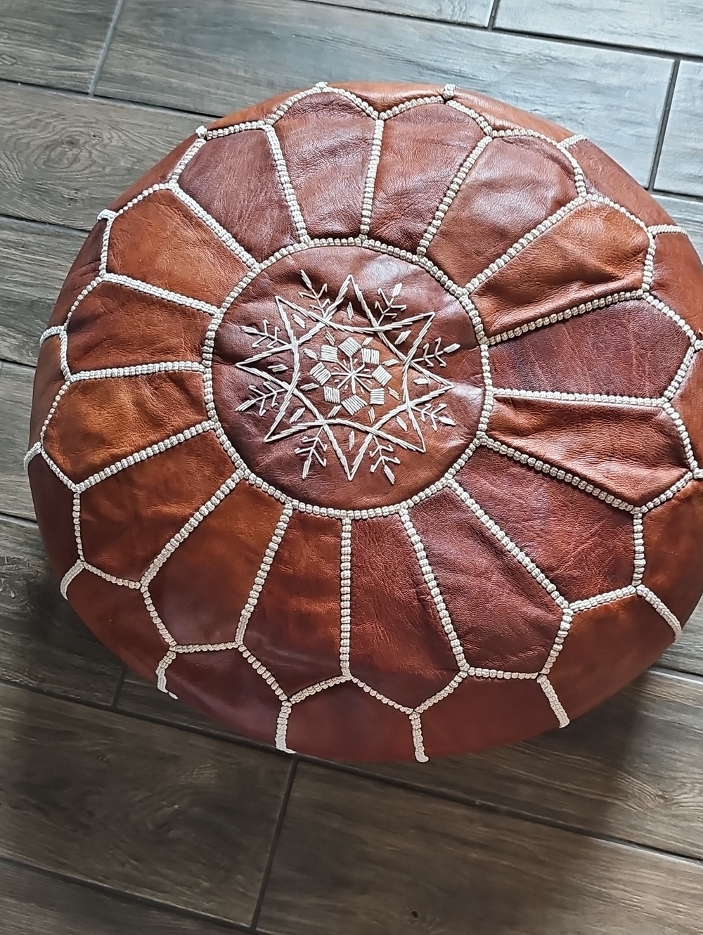 Handcrafted Brown Leather Pouf Ottoman - Unbranded